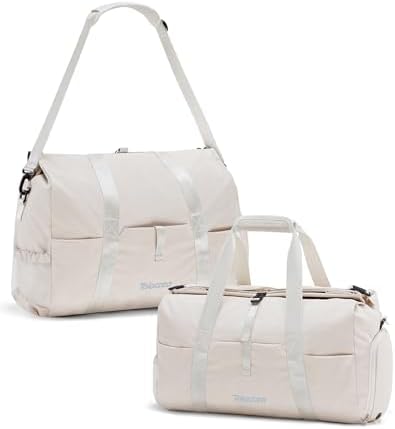 Tolaccea Travel Duffel Bags for Women Men, Lightweight Gym Bag with Shoe Compartment & Wet Pocket, TSA-Friendly Carry On, Expandable 36-52L Roll-Top Weekender Overnight Bags (Beige)