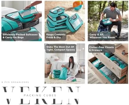 Veken 6 Set Packing Cubes for Suitcases, Travel Essentials for Carry on Luggage, Suitcase Organizer Bags Set for Travel Accessories in 4 Sizes(Extra Large, Large, Medium, Small),Cyan - Image 7