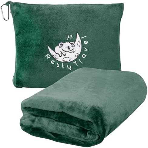 Resty Travel Blanket - Compact Airplane Blanket with Bag - Small and Lightweight Traveling Blanket & Pillow - Portable Blankets with Carabiner for Easy Transport - Plane Train Car (Forest Green)