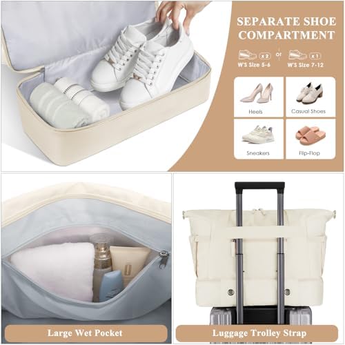 ETRONIK Gym Bag for Women, Personal Item Travel Bag with Shoes Compartment, Weekender Overnight Duffel Bag with Wet Pocket & USB Charging Port, Carry On Bag for Women, Travel, Gym, Weekend (Beige) - Image 6