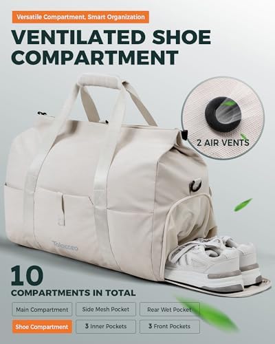 Tolaccea Travel Duffel Bags for Women Men, Lightweight Gym Bag with Shoe Compartment & Wet Pocket, TSA-Friendly Carry On, Expandable 36-52L Roll-Top Weekender Overnight Bags (Beige) - Image 5