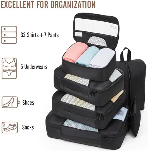 Veken 8 Set Packing Cubes for Suitcases, Travel Essentials for Carry on, Luggage Organizer Bags Set for Travel Accessories in 4 Sizes (Extra Large, Large, Medium, Small), Black - Image 5