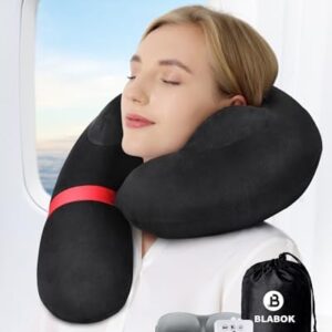 Travel Neck Pillow for Airplane, Travel Pillow Support Head and Neck, Comfortable & Washable Cover, Inflatable Neck Pillow for Traveling,Car,Office,Home (Black)
