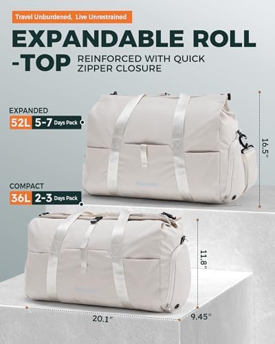 Tolaccea Travel Duffel Bags for Women Men, Lightweight Gym Bag with Shoe Compartment & Wet Pocket, TSA-Friendly Carry On, Expandable 36-52L Roll-Top Weekender Overnight Bags (Beige) - Image 4