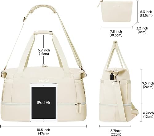 ETRONIK Gym Bag for Women, Personal Item Travel Bag with Shoes Compartment, Weekender Overnight Duffel Bag with Wet Pocket & USB Charging Port, Carry On Bag for Women, Travel, Gym, Weekend (Beige) - Image 3