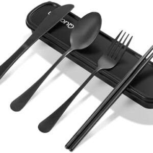Travel Utensils with Case, Quatish Portable Silverware Set for Work, Stainless Steel Reusable Travel Cutlery Set, Fork and Spoon Set for Picnic, Camping, Gadgets, Lunch Box for Men, Black