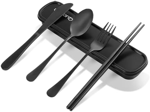 Travel Utensils with Case, Quatish Portable Silverware Set for Work, Stainless Steel Reusable Travel Cutlery Set, Fork and Spoon Set for Picnic, Camping, Gadgets, Lunch Box for Men, Black