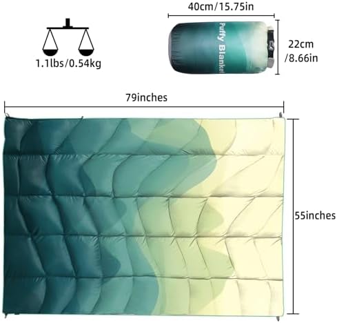 Outdoor Puffy Camping Blanket, Lightweight Down Alternative Puffy Printed Camping Large Ultra Warm Hammock Top Quilt Waterproof Blanket for Traveling Picnic Beach Party Cold Weather (Green Mountain) - Image 2