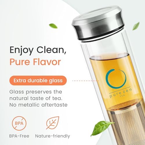 Pure Zen Tea Tumbler with Infuser - Double Wall Glass Travel Tea Mug with Stainless Steel Filter, Leakproof Tea Infuser Bottle for Loose Leaf Tea and Fruit Infused Water, Tea Gift Set - 13 Ounce - Image 6