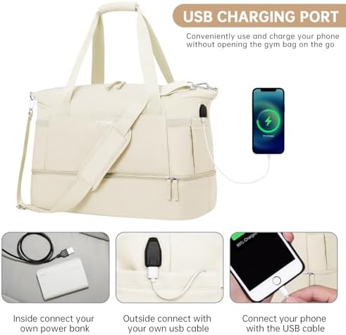 ETRONIK Gym Bag for Women, Personal Item Travel Bag with Shoes Compartment, Weekender Overnight Duffel Bag with Wet Pocket & USB Charging Port, Carry On Bag for Women, Travel, Gym, Weekend (Beige) - Image 7
