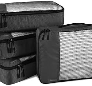 Amazon Basics Lightweight Packing Cubes for Travel, 4 Piece Set With Double Zipper Pulls and Mesh Top Panel, 100% Durable Polyester, Medium, Black