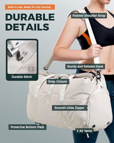 Tolaccea Travel Duffel Bags for Women Men, Lightweight Gym Bag with Shoe Compartment & Wet Pocket, TSA-Friendly Carry On, Expandable 36-52L Roll-Top Weekender Overnight Bags (Beige) - Image 6
