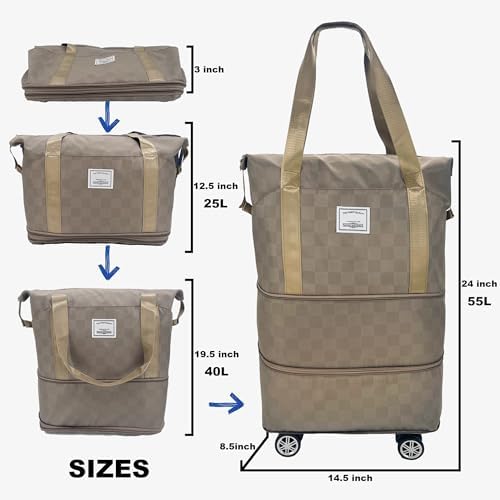 Expandable foldable duffel bag suitcase, detachable rolling wheels,carry-on large duffel bag,luggage bag,suit gym,camping,travel or business trip,Gift for wife and parents-Checkerboard(KHAKI) - Image 4