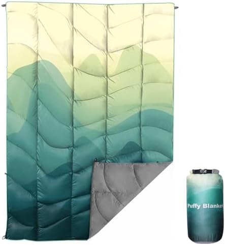 Outdoor Puffy Camping Blanket, Lightweight Down Alternative Puffy Printed Camping Large Ultra Warm Hammock Top Quilt Waterproof Blanket for Traveling Picnic Beach Party Cold Weather (Green Mountain)