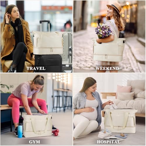 ETRONIK Gym Bag for Women, Personal Item Travel Bag with Shoes Compartment, Weekender Overnight Duffel Bag with Wet Pocket & USB Charging Port, Carry On Bag for Women, Travel, Gym, Weekend (Beige) - Image 2