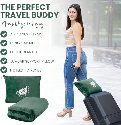 Resty Travel Blanket - Compact Airplane Blanket with Bag - Small and Lightweight Traveling Blanket & Pillow - Portable Blankets with Carabiner for Easy Transport - Plane Train Car (Forest Green) - Image 2