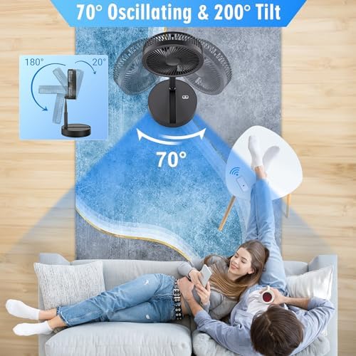 LIPETY Portable Foldable Rechargeable Oscillating Fan - 9" 7200mah Battery Operated USB C Small Fan Remote, Quiet Table Desk Fan Folding Standing Pedestal Fan for Bedroom Rome Office Camping Travel - Image 2