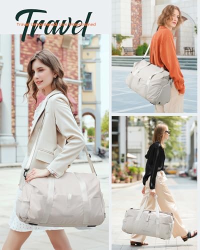 Tolaccea Travel Duffel Bags for Women Men, Lightweight Gym Bag with Shoe Compartment & Wet Pocket, TSA-Friendly Carry On, Expandable 36-52L Roll-Top Weekender Overnight Bags (Beige) - Image 2