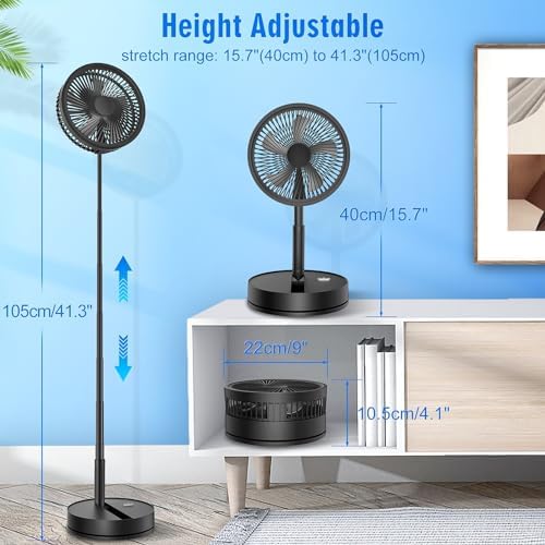 LIPETY Portable Foldable Rechargeable Oscillating Fan - 9" 7200mah Battery Operated USB C Small Fan Remote, Quiet Table Desk Fan Folding Standing Pedestal Fan for Bedroom Rome Office Camping Travel - Image 5
