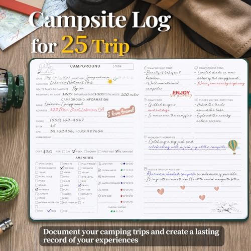 JUBTIC Camping Journal and RV Travel Log Book, A5 Adventure Journal for 25 Camping, Hiking Journal, Family Travel Books Camper Essentials Camping Gifts for Women-Dark Green - Image 3