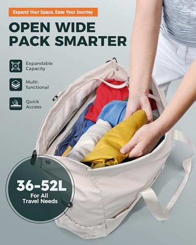 Tolaccea Travel Duffel Bags for Women Men, Lightweight Gym Bag with Shoe Compartment & Wet Pocket, TSA-Friendly Carry On, Expandable 36-52L Roll-Top Weekender Overnight Bags (Beige) - Image 3