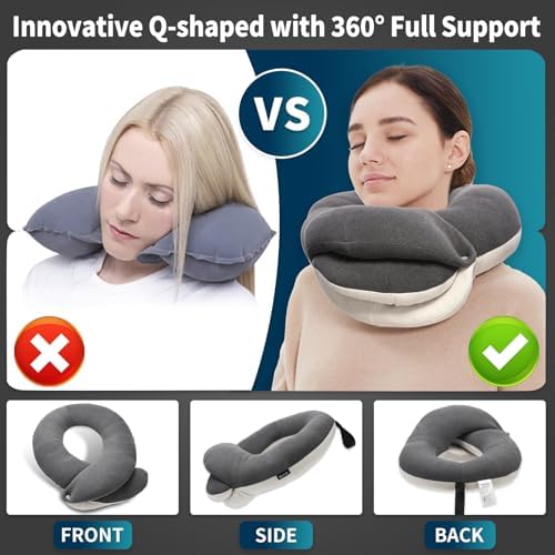 BUYUE Travel Neck Pillows for Airplanes, 360° Head Support Sleep for Long Flight, Skin-Friendly & Breathable, Kit with 3D Contoured Eye Mask, Earplugs and Storage Bag (Adult, Grey, 100+ lbs) - Image 3