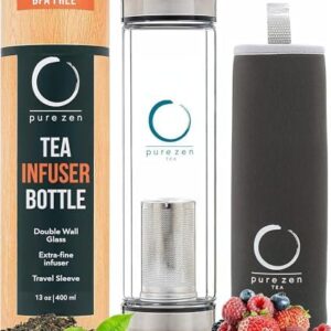 Pure Zen Tea Tumbler with Infuser - Double Wall Glass Travel Tea Mug with Stainless Steel Filter, Leakproof Tea Infuser Bottle for Loose Leaf Tea and Fruit Infused Water, Tea Gift Set - 13 Ounce