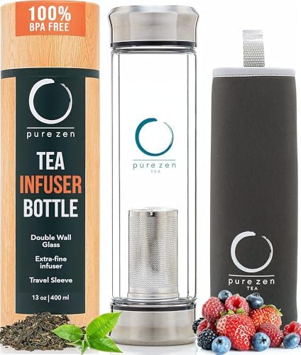 Pure Zen Tea Tumbler with Infuser - Double Wall Glass Travel Tea Mug with Stainless Steel Filter, Leakproof Tea Infuser Bottle for Loose Leaf Tea and Fruit Infused Water, Tea Gift Set - 13 Ounce