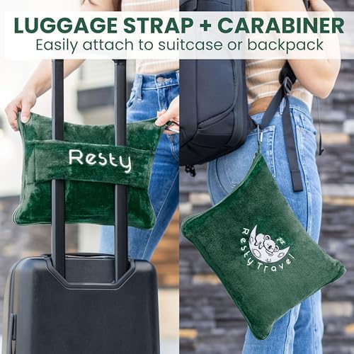 Resty Travel Blanket - Compact Airplane Blanket with Bag - Small and Lightweight Traveling Blanket & Pillow - Portable Blankets with Carabiner for Easy Transport - Plane Train Car (Forest Green) - Image 4