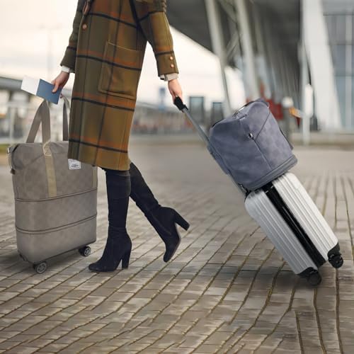 Expandable foldable duffel bag suitcase, detachable rolling wheels,carry-on large duffel bag,luggage bag,suit gym,camping,travel or business trip,Gift for wife and parents-Checkerboard(KHAKI) - Image 6