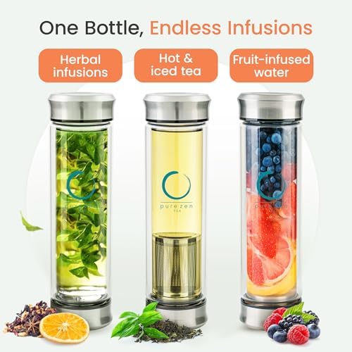 Pure Zen Tea Tumbler with Infuser - Double Wall Glass Travel Tea Mug with Stainless Steel Filter, Leakproof Tea Infuser Bottle for Loose Leaf Tea and Fruit Infused Water, Tea Gift Set - 13 Ounce - Image 2