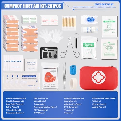 Mini Travel First Aid Kit, Emergency Kit with 201PCS First Aid Supplies and Waterproof Compact Bag, Survival Medical Kit for Home Car Office Camping Hiking - Image 3