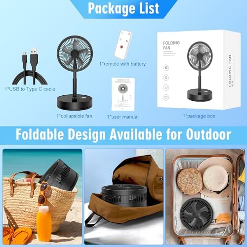 LIPETY Portable Foldable Rechargeable Oscillating Fan - 9" 7200mah Battery Operated USB C Small Fan Remote, Quiet Table Desk Fan Folding Standing Pedestal Fan for Bedroom Rome Office Camping Travel - Image 8