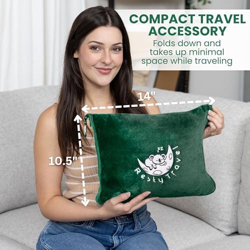 Resty Travel Blanket - Compact Airplane Blanket with Bag - Small and Lightweight Traveling Blanket & Pillow - Portable Blankets with Carabiner for Easy Transport - Plane Train Car (Forest Green) - Image 7