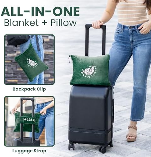 Resty Travel Blanket - Compact Airplane Blanket with Bag - Small and Lightweight Traveling Blanket & Pillow - Portable Blankets with Carabiner for Easy Transport - Plane Train Car (Forest Green) - Image 3