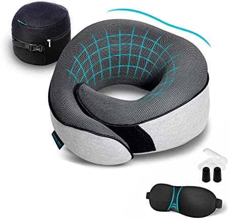 Travel Neck Pillows for Airplanes, Sleeping Essentials for Long Flight, 360° Head Support, Car and Airplane Kit with 3D Contoured Eye Mask, Earplugs and Luxury Mesh Bag (Adult, Grey)