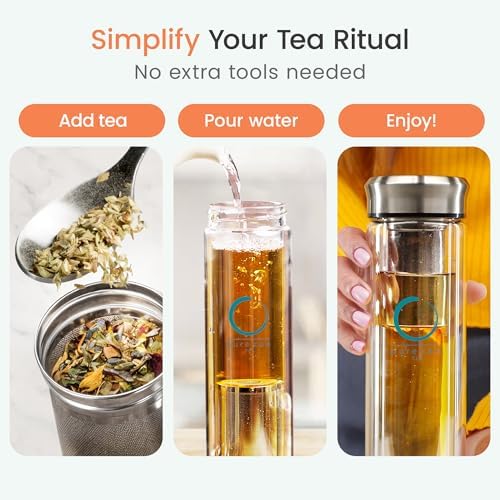 Pure Zen Tea Tumbler with Infuser - Double Wall Glass Travel Tea Mug with Stainless Steel Filter, Leakproof Tea Infuser Bottle for Loose Leaf Tea and Fruit Infused Water, Tea Gift Set - 13 Ounce - Image 3