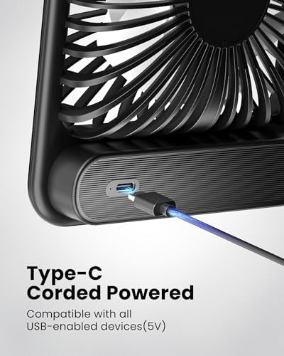 Koonie USB Desk Fan, Strong Wind Ultra Quiet Small Personal Fan with 180° Tilt Folding and 3 Speeds Adjustable, USB-C Corded Powered Mini USB Fan for Office Desktop Bedroom - Image 4