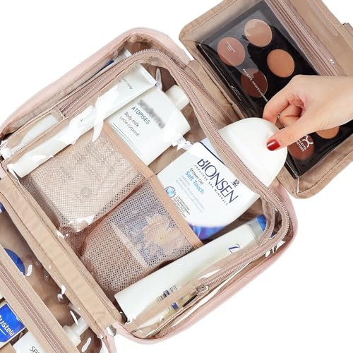 NISHEL Travel Toiletry Bag for Women Large Capacity, Travel Essentials Organizer, Hanging Makeup Case for Accessories, Cosmetics, Toiletries, Pink - Image 4